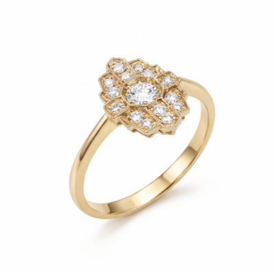 Pierścionek Asteria żółte złoto 0.585 z brylantami naturalnymi 0.16ct i 0.22ct