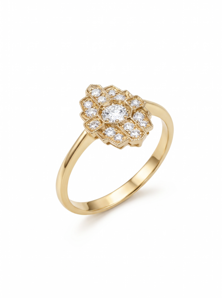 Pierścionek Asteria żółte złoto 0.585 z brylantami naturalnymi 0.16ct i 0.22ct